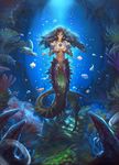  black_hair blue_eyes breasts bubble fins fish haoyuan highres long_hair medium_breasts mermaid monster_girl navel nipples original realistic see-through smile turtle underwater 