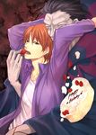  ^_^ birthday black_eyes cake closed_eyes earrings fate/zero fate_(series) food fruit grey_hair happy_birthday highres iroto_89 jacket jewelry male_focus multiple_boys orange_hair purple_jacket strawberry uryuu_ryuunosuke yaoi 