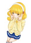  aona_(kuuga19yuu) blonde_hair brown_eyes cardigan double_v eyelashes hairband highres kise_yayoi nanairogaoka_middle_school_uniform precure school_uniform short_hair skirt smile smile_precure! solo v white_background white_hairband 