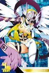  angel_wings angewomon artist_request asymmetrical_clothes belt blonde_hair breasts cleavage digimon digimon_adventure gloves head_wings helmet large_breasts lips long_hair lowres multiple_wings official_art ribbon solo thigh_strap wings 