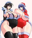  1girl 2girls areolae black_hair blue_eyes blue_hair blush breasts breasts_outside christmas female fuutou_shizune gigantic_breasts hat highres iroha iroha_(samurai_spirits) large_areolae long_hair multiple_girls navel nipples no_bra oshioki_sweetie pregnant puffy_nipples renges samurai_spirits santa_costume santa_hat see-through short_hair simple_background smile snk solo standing thighs underboob white_background 