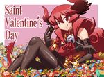  :d bare_shoulders black_gloves black_legwear bracelet breasts candy chocolate demon_girl demon_tail elbow_gloves food gloves horns jewelry long_hair maou_beluzel matsuda_yuusuke medium_breasts open_mouth pantyhose red_eyes red_hair skull smile solo tail tongue valentine yuusha_to_maou 