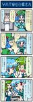  4koma :&lt; artist_self-insert backpack bag blue_hair blush check_translation closed_eyes clothes_writing comic detached_sleeves food green_eyes green_hair hair_bobbles hair_ornament hat heterochromia highres jaxa kawashiro_nitori key kochiya_sanae mizuki_hitoshi multiple_girls open_mouth real_life_insert shirt skirt smile sweat tatara_kogasa touhou translated translation_request two_side_up 