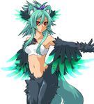  1girl animal_ears aqua_hair bare_shoulders breasts cameltoe feathers female hair_ornament hair_ribbon harpy kaiwaredaikon00 medium_breasts monster_girl morgan_(shinrabanshou) navel red_eyes ribbon shinrabanshou simple_background solo standing top white_background wings 