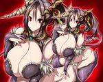  1girl bottomless breasts brown_hair cleavage cosplay curvy demon_wings elbow_gloves female gigantic_breasts gloves hair_ornament no_panties original plump side_ponytail simple_background skull solo thick_thighs thighhighs thighs tsukasawa_takamatsu tsukazawa wings 
