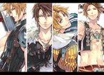  aqua_eyes blonde_hair brown_hair buster_sword cloud_strife dissidia_012_final_fantasy dissidia_final_fantasy final_fantasy final_fantasy_vii final_fantasy_viii final_fantasy_x final_fantasy_xii gloves grin jewelry male_focus midriff multiple_boys necklace scar smile squall_leonhart suspenders sword tama_(tmfy5) tidus vaan weapon 