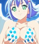  blue_hair breast_grab breast_hold breasts female girl green_eyes highres nanael queen&#039;s_blade queen's_blade short_hair smile solo 