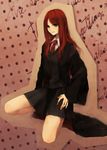  black_skirt green_eyes hand_on_leg harry_potter kneeling kurosujuu lily_evans long_hair necktie red_hair skirt smile solo uniform younger 