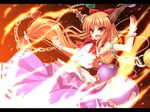  blush bow chain fang fire gourd hair_bow horn_ribbon horns ibuki_suika letterboxed long_hair open_mouth orange_hair ribbon solo tazukichi touhou yellow_eyes 