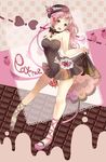  ankle_lace-up bare_shoulders bow bowtie breasts chocolate cross-laced_footwear dress dress_lift gift hat heart holding large_breasts legs long_hair looking_at_viewer open_mouth original pink_eyes pink_hair sakuragi_kei skirt_hold solo 