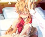  bare_shoulders bed blush hair_tousle hand_on_another's_head hidori_(hibi_toridori) horns ibuki_suika long_hair looking_at_viewer messy_hair one_eye_closed orange_hair petting pov red_eyes solo_focus touhou 