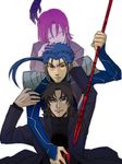  3boys avenger bazett_fraga_mcremitz blue_hair brown_eyes brown_hair cassock earrings fate/hollow_ataraxia fate/stay_night fate_(series) formal gupaon jewelry kotomine_kirei lancer long_hair multiple_boys on_head outstretched_hand person_on_head ponytail purple_hair red_eyes short_hair simple_background suit white_background 