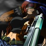  belt beretta_92fs black_lagoon breasts canine clothed clothing female femme_fatale gloves gun looking_at_viewer looking_down low-angle_shot mammal parody pistol ranged_weapon shirt shorts skimpy smile toughset weapon wolf 