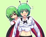  antennae blush breast_grab breasts cape grabbing green_eyes green_hair ichiman_nisen_yen kazami_yuuka midriff multiple_girls navel open_mouth red_eyes shirt short_hair small_breasts smile touhou wriggle_nightbug yuri 