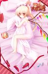  bad_id bad_pixiv_id barefoot bed blanket blonde_hair blush bow candy chemise chips dx_(dekusu) flandre_scarlet food hat hat_bow high_heels highres looking_at_viewer lying on_side pillow red_eyes ribbon see-through shoes side_ponytail solo stuffed_animal stuffed_toy teddy_bear touhou wings 