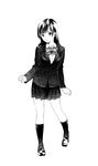  blazer bow bowtie full_body greyscale highres jacket kneehighs loafers long_hair looking_at_viewer monochrome original pleated_skirt school_uniform shoes simple_background skirt solo tosh_(imonade_ryouchou) 