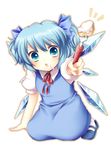  alternate_hairstyle bad_id bad_pixiv_id blue_dress blue_eyes blue_hair blush bow cirno dress food food_on_face fork hair_bow kneeling open_mouth outstretched_hand ribbon sanotsuki shirt solo touhou twintails wings 
