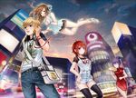  3girls ad blonde_hair blue_eyes brown_eyes brown_hair casual cellphone china_dress chinese_clothes cityscape closed_eyes dress floating j.lili long_hair multiple_girls night open_mouth original phone purple_hair red_eyes red_hair red_string short_hair shorts smile string 