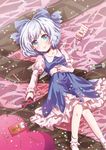  absurdres adapted_costume bad_id bad_pixiv_id blue_eyes blue_hair bow candy cirno food gift hair_bow heart heart-shaped_pupils highres ice ice_wings kuromame_(8gou) lying pocky short_hair smile socks solo symbol-shaped_pupils touhou wings 