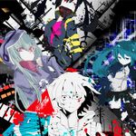  3girls amamiya_hibiya aqua_eyes aqua_hair black_hair blood creator_connection ene_(kagerou_project) enomoto_takane gas_mask green_eyes green_hair hair_over_one_eye headphone_actor_(vocaloid) hood hoodie jinzou_enemy_(vocaloid) kagerou_days_(vocaloid) kagerou_project kido_tsubomi long_hair mekakushi_code_(vocaloid) meola multiple_girls red_eyes twintails vocaloid 