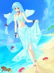  angel_wings anklet barefoot beach bikini blue_hair bracelet choker crab day jewelry long_hair mizuki_itose mugen_no_fantasia ocean palm_tree ribbon sand sarong skirt solo swimsuit tied_hair tree walking water wings 