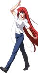  1girl aozaki_aoko blue_eyes denim female jeans long_hair lowres pants red_hair shirt simple_background solo walking white_shirt 