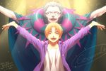  black_eyes brown_eyes caster_(fate/zero) fate/zero fate_(series) grey_hair jacket kayu male_focus multiple_boys orange_hair outstretched_arms purple_jacket uryuu_ryuunosuke 