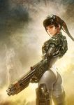  armor ass bodysuit brown_eyes brown_hair copyright_request english gun laser_sight leo_chuang long_hair ponytail rifle science_fiction smoke solo visor_(armor) weapon 