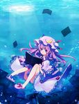  book bow crescent dress hair_bow hat highres long_hair open_book patchouli_knowledge purple_eyes purple_hair reading shiroshi_(denpa_eshidan) slippers solo touhou underwater water 
