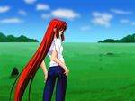  aozaki_aoko denim grass jeans long_hair melty_blood pants red_hair sky tsukihime 