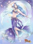  anklet armlet barefoot blue_eyes blue_hair bracelet circlet dancer dancing earrings feet hatake_michi jewelry long_hair long_legs moon mugen_no_fantasia necklace petals sash skirt solo veil 