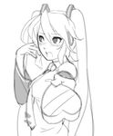  blush box chocolate eu03 gift greyscale hair_over_one_eye hatsune_miku heart heart-shaped_box long_hair monochrome necktie outstretched_hand sketch solo tsundere twintails valentine very_long_hair vocaloid 