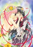  akemi_homura bruise closed_eyes flower hair_flower hair_ornament hands_on_another's_face hurricane_rinrin injury kaname_madoka long_hair magical_girl mahou_shoujo_madoka_magica multiple_girls nude open_mouth red_string ribbon smile string torn_clothes 