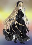  blonde_hair boots chin_strap dress frills gosick gothic_lolita green_eyes hairband high_heels highres lolita_fashion long_hair looking_at_viewer looking_back pipe shoes solo standing very_long_hair victorica_de_blois yumeki 