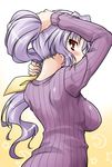  akou_roushi blush breasts bunching_hair crescent from_behind impossible_clothes impossible_sweater large_breasts long_hair looking_back nape ponytail purple_hair red_eyes ribbed_sweater slender_waist solo star sweater touhou upper_body watatsuki_no_yorihime 