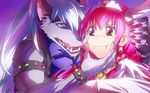  1girl cheek_pinching cure_happy fingernails hoshizora_miyuki isizuka_sam licking long_hair nervous pinching pink_eyes pink_hair precure purple_background purple_eyes saliva sharp_teeth slit_pupils smile_precure! teeth werewolf white_hair wolfrun 