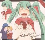  2girls aqua_eyes blonde_hair blue_hair closed_eyes coat couple crying gift green_eyes green_hair hair_ornament hairclip hatsune_miku hetero kagamine_rin kaito kana_(okitasougo222) long_hair love_triangle multiple_girls open_mouth pink_scarf red_scarf scarf tears twintails valentine very_long_hair vocaloid 