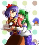  &gt;_&lt; @_@ blonde_hair blue_hair blush_stickers cake censored closed_eyes detached_sleeves foaming_at_the_mouth food frog_hair_ornament gloom_(expression) grabbing grabbing_from_behind green_hair hair_ornament hat highres holding kochiya_sanae leaf leg_up long_hair long_sleeves looking_back maple_leaf mirror moriya_suwako mosaic_censoring multiple_girls o_o open_mouth plate polka_dot polka_dot_background pyonta red_eyes rope shimenawa shirt short_hair skirt snake sweatdrop tamasan tears touhou yasaka_kanako 