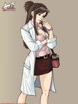  alternate_costume bag belt blouse breasts brown_hair cleavage earrings eyewear_on_head finger_to_mouth gyakuten_saiban gyakuten_saiban_4 half_updo handbag highres houzuki_akane jacket jewelry labcoat lips long_coat long_hair medium_breasts miniskirt mugensaku open_clothes open_jacket pencil_skirt pink-framed_eyewear pout skirt sleeves_rolled_up solo thinking tied_hair watch white_jacket wristwatch 