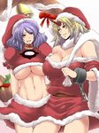  bare_shoulders bell belt blonde_hair blush breasts christmas cleavage fur_trim hat horn hoshiguma_yuugi huge_breasts multiple_girls navel oni open_mouth purple_hair red_eyes rope sack santa_costume santa_hat shimenawa short_hair sweat tobisawa touhou underboob wavy_mouth yasaka_kanako 