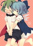  1girl antennae bad_id bad_pixiv_id blue_eyes blue_hair blue_skirt blush bow cirno closed_eyes crotch_grab crying fang genderswap genderswap_(ftm) green_hair grin hair_bow half_updo heart heart_background maki_(natoriumu) open_clothes open_mouth open_shorts otoko_no_ko pulled_by_another shirt short_hair shorts shorts_pull skirt smile spoken_heart tears touhou v_arms wavy_mouth wings wriggle_nightbug 
