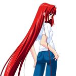  1girl aozaki_aoko ass denim female jeans long_hair lowres pants red_hair shirt simple_background solo standing white_shirt 
