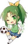  ;d bad_id bad_pixiv_id ball chibi eyelashes full_body green_eyes green_hair green_neckwear kneehighs long_hair lowres midorikawa_nao moorina nanairogaoka_middle_school_uniform necktie no_nose one_eye_closed open_mouth ponytail precure school_uniform skirt sleeves_rolled_up smile smile_precure! soccer_ball solo sweater_vest telstar white_background white_legwear 