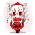  animal_ears banned_artist blush box chibi detached_sleeves fang hat hat_ribbon heart heart-shaped_box inubashiri_momiji oohirakeisuke open_mouth pantyhose red_eyes red_scarf ribbon scarf shirt short_hair silver_hair skirt smile solo tail tokin_hat touhou valentine wolf_ears wolf_tail 