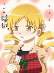 1girl blonde_hair blush casual dress drill_hair gift hair_ornament incoming_gift kame_no_nin mahou_shoujo_madoka_magica official_style open_mouth solo tomoe_mami twin_drills twintails valentine yellow_eyes 