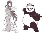  1girl alternate_hairstyle breasts china_dress chinese_clothes crossover dress fighting_stance hat hong_meiling kung_fu kung_fu_panda large_breasts long_hair martial_arts monochrome neko_majin panda po_(kung_fu_panda) sidelocks simple_background sketch star touhou very_long_hair white_background 