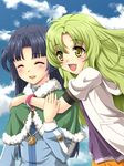  black_hair bracelet closed_eyes cloud coat day eiyuu_densetsu green_eyes green_hair highres hug hug_from_behind jewelry kea_(eiyuu_densetsu) long_hair multiple_girls shawl shizuku_maclaine sky smile tamanegi_(genpi) zero_no_kiseki 