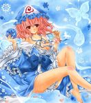  :o bare_legs bare_shoulders barefoot blue_background bow breasts bug butterfly cherry_blossoms cleavage collarbone fan hat hitodama insect japanese_clothes kimono long_sleeves looking_at_viewer medium_breasts orb pastel_(medium) pink_hair rano_(u_rano) red_eyes ribbon saigyouji_yuyuko short_hair snowflakes solo touhou traditional_media triangular_headpiece 