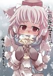  animal_ears blush commentary gaoo_(frpjx283) gift_bag grey_hair hat highres inubashiri_momiji mittens open_mouth red_eyes sack scarf short_hair snowing solo tokin_hat touhou translated valentine white_hair wolf_ears 