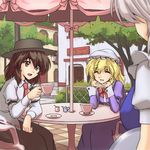  abo_(hechouchou) armband black_hat blonde_hair blurry bow brown_eyes brown_hair cafe chin_rest closed_eyes cup depth_of_field english fedora grin hat interlocked_fingers izayoi_sakuya maribel_hearn mob_cap multiple_girls necktie open_mouth parasol pink_bow red_bow red_neckwear short_hair silver_hair smile teacup touhou umbrella usami_renko white_hat 